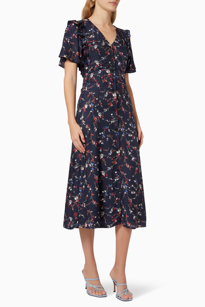 

Cherry Blossom Print Dress in Viscose & Silk, Blue