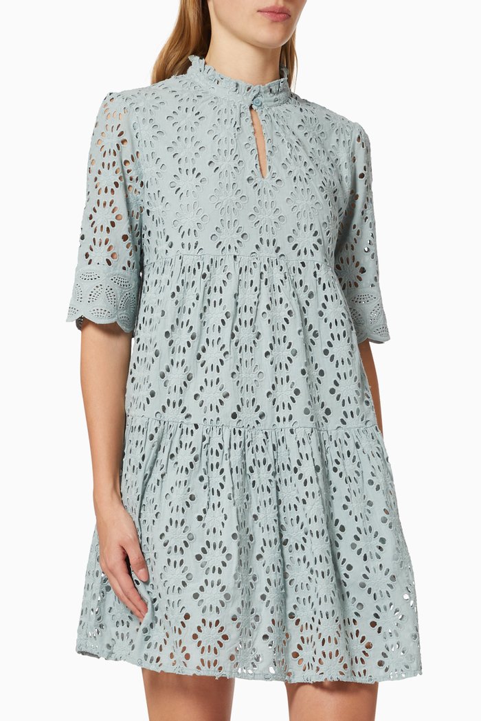 

Embroidered Tiered Dress in Cotton, Blue