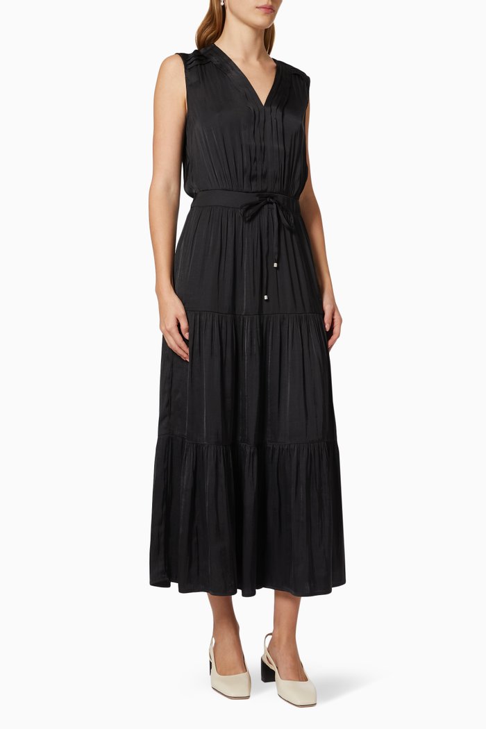 

Pleated Drawstring Dress in Satin, Black