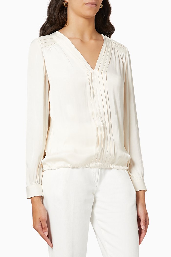 Pleated Long Sleeve Top, White