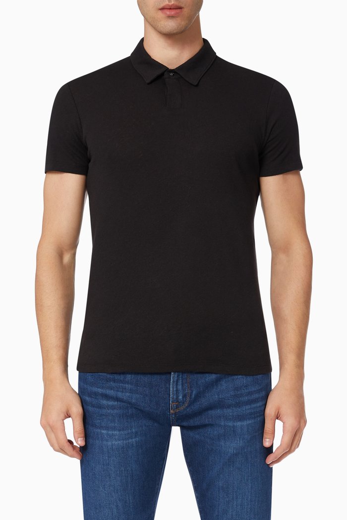 

Short Sleeved Polo Shirt in Linen & Cotton, Black