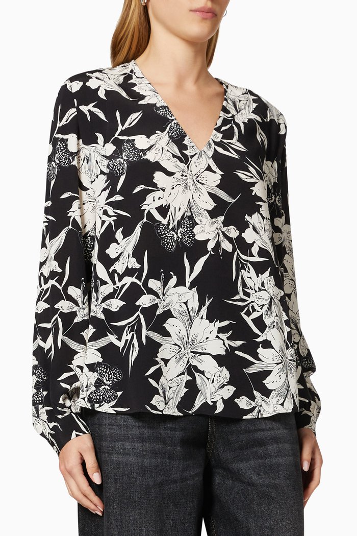 

V Neck Floral Blouse in Crêpe, Black