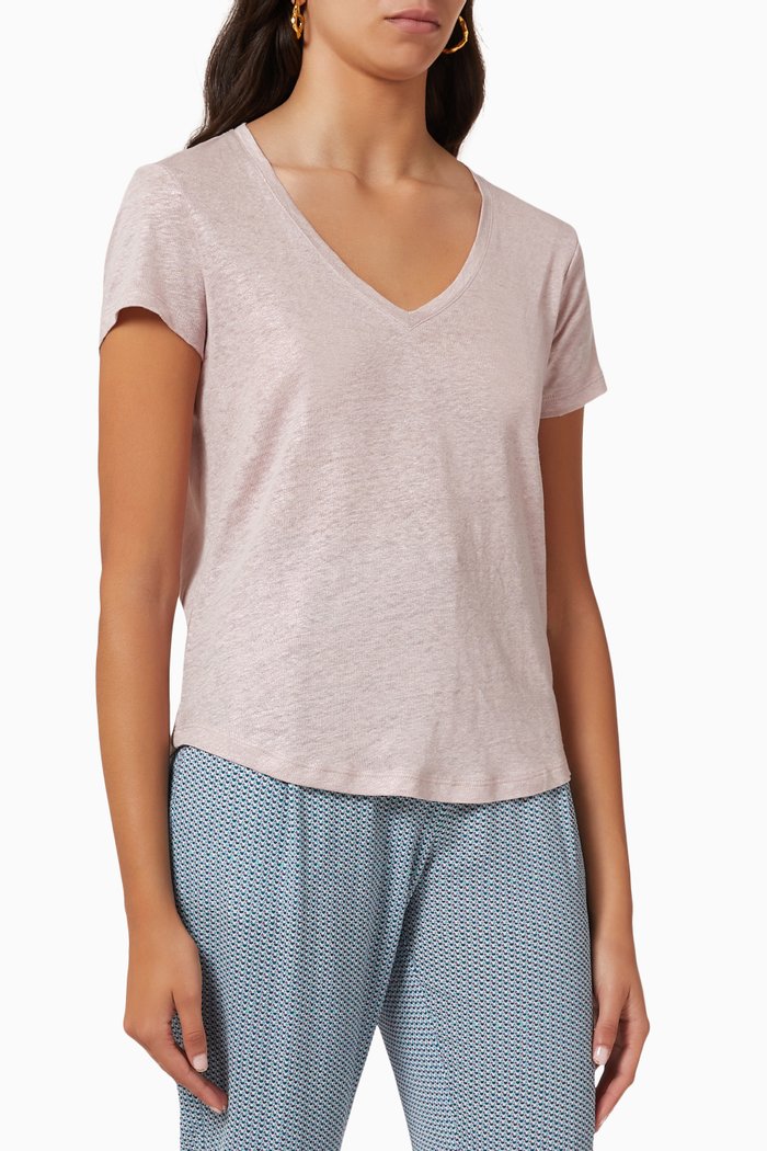 

V neck T-shirt in Linen Foil, Pink