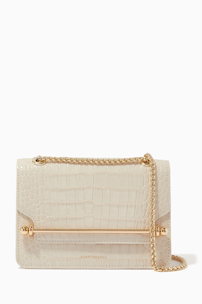 

Mini East West Bag in Croc-embossed Leather, Neutral