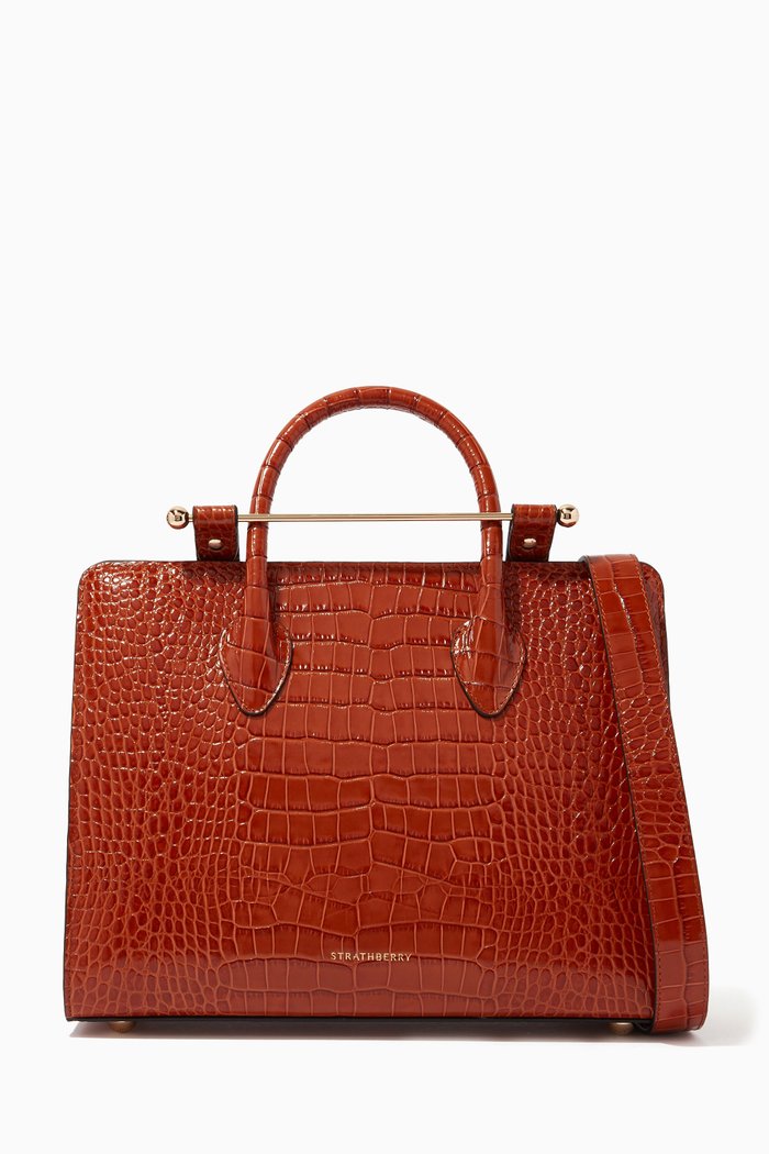 

Midi Tote Bag in Croc-embossed Leather, Brown