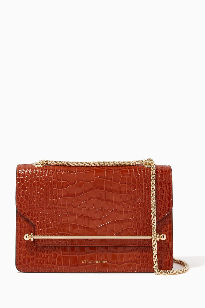 

Mini East West Bag in Croc-embossed Leather, Brown