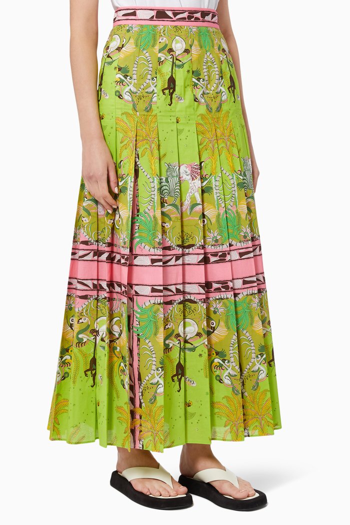 

Nairobi-Print Pleated Maxi Skirt, Green