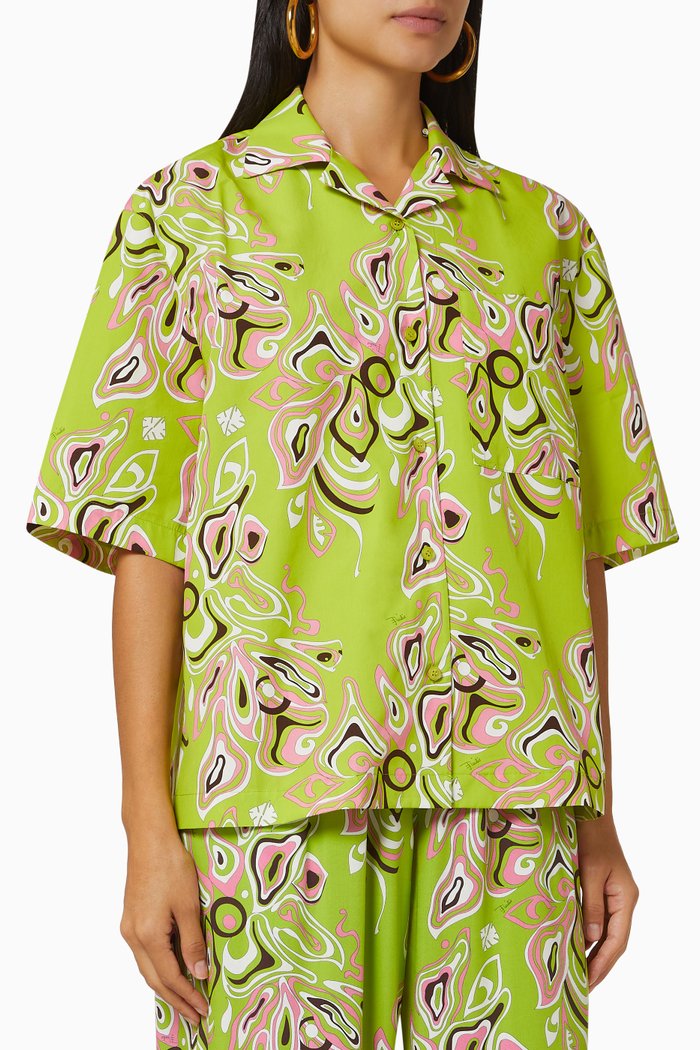 

African-Print Bowling Shirt in Cotton, Green