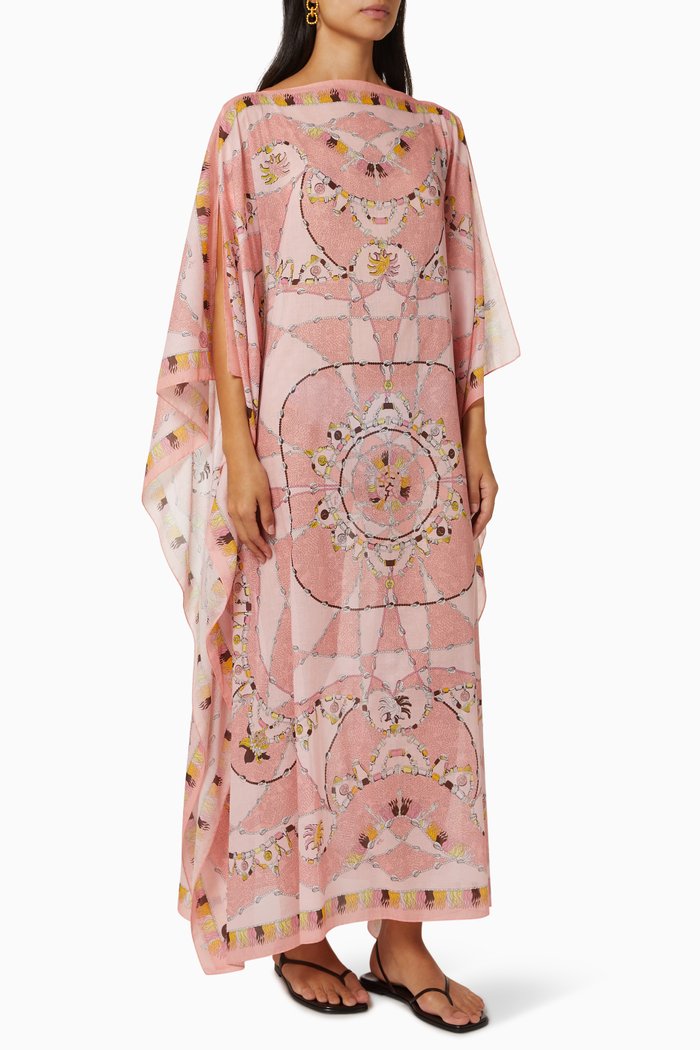 

Cyprea Print Long Kaftan in Cotton Voile, Pink