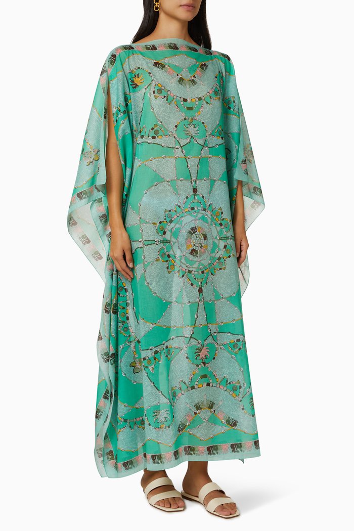 

Cyprea Print Long Kaftan in Cotton Voile, Blue
