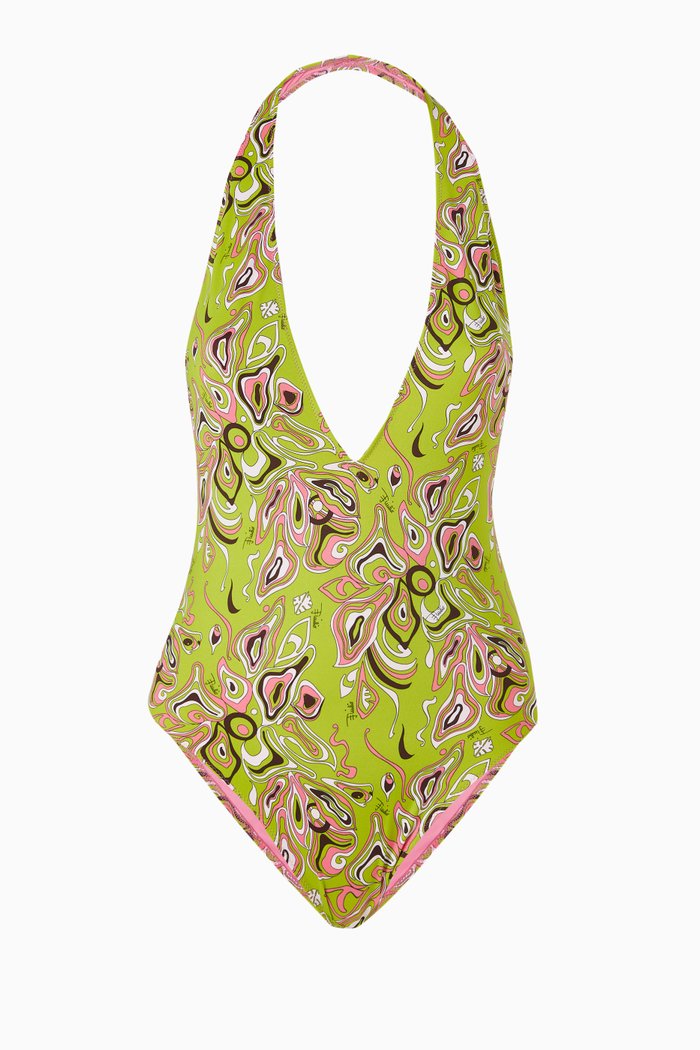 

Africana Print Halterneck Swimsuit, Green