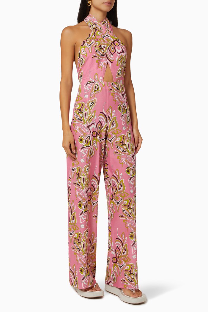 

Africana Print Halterneck Jumpsuit in Cotton Blend Voile, Pink