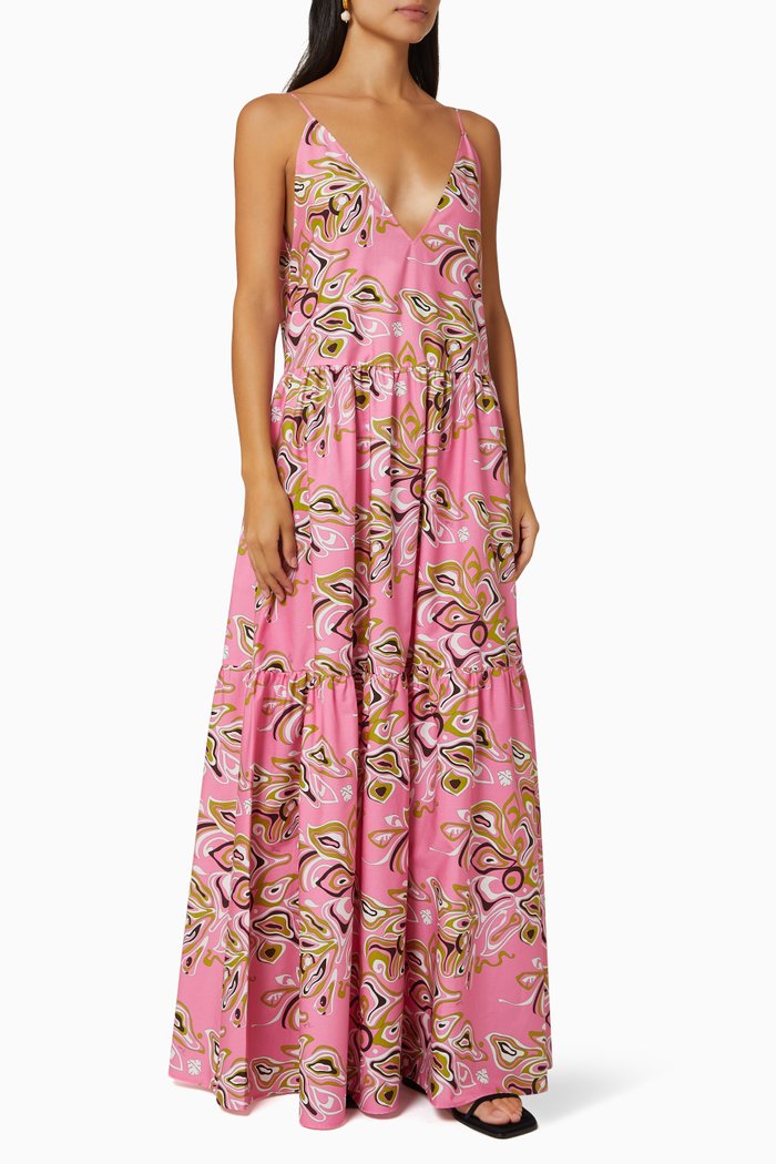 

Africana Print Maxi Dress in Sustainable Cotton Poplin, Pink