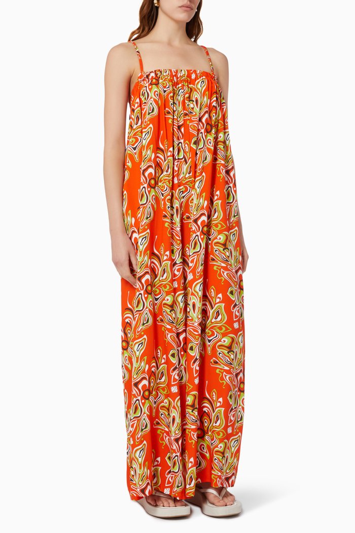 

Africana Print Wide-Leg Jumpsuit, Orange