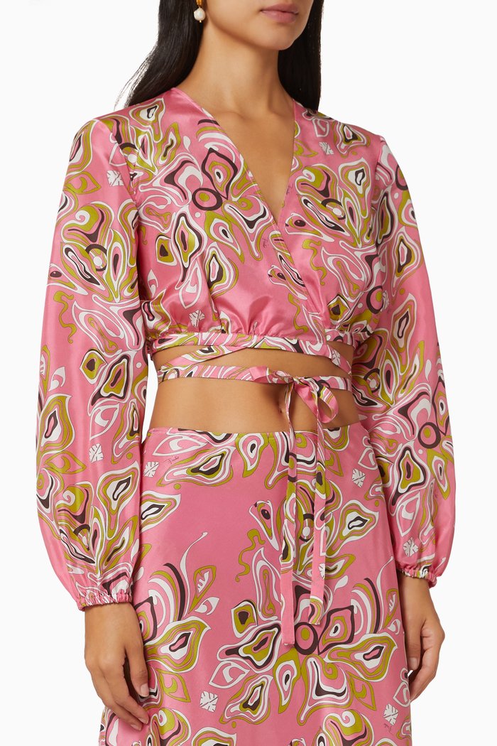

Africana Print Wrap Crop Top in Habotai Silk, Pink