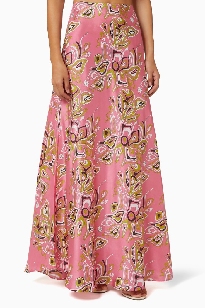 

Africana Print Maxi Skirt in Habotai Silk, Pink