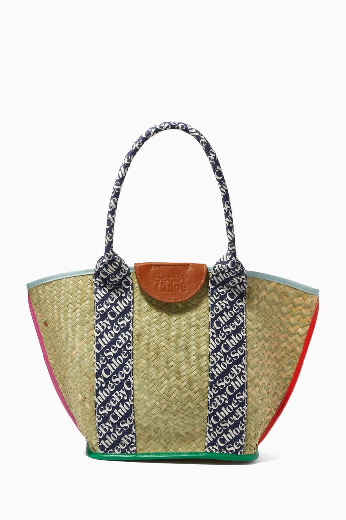 Laetizia Small Basket Tote in Natural Fibers & Logo Jacquard, Blue