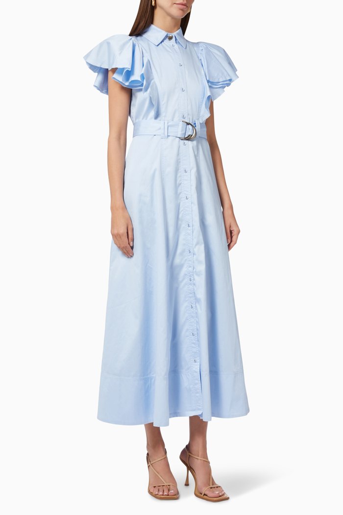 

Kindred Frill Sleeve Midi Dress in Cotton Poplin, Blue
