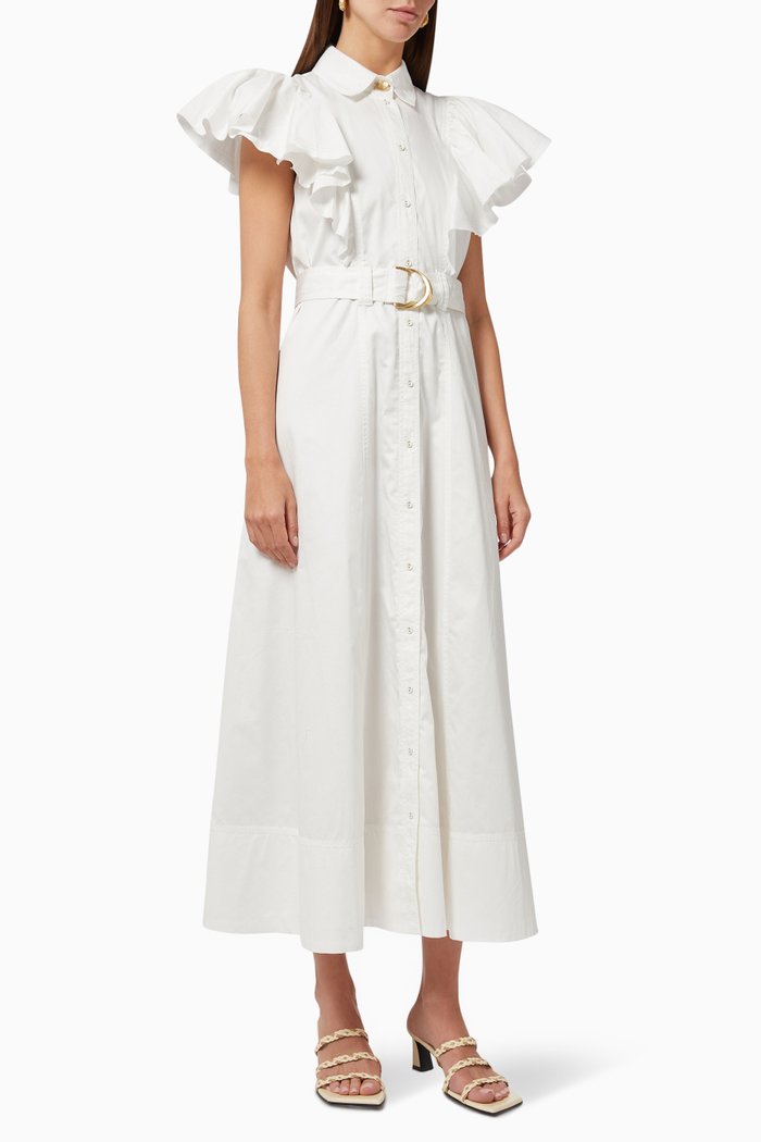 

Kindred Frill Sleeve Midi Dress in Cotton Poplin, White