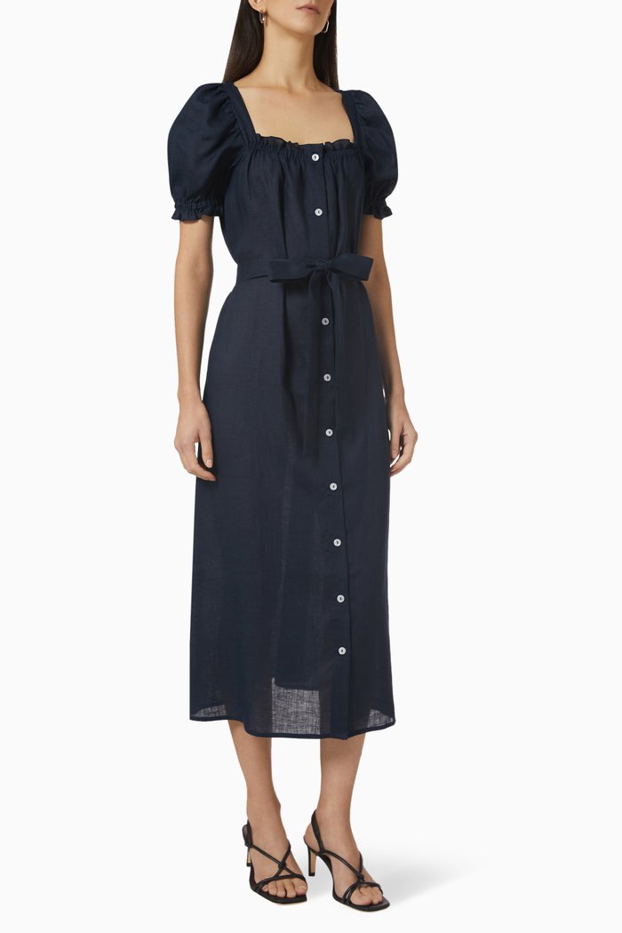 

Brigitte Midi Dress in Linen, Blue