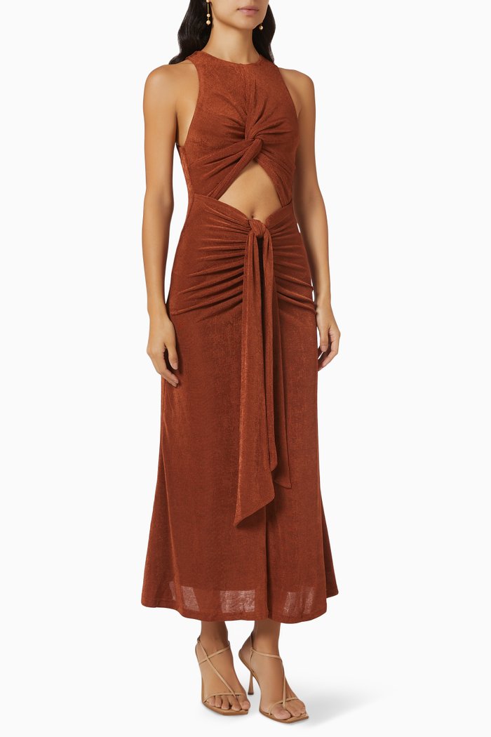 

Thalia Ruched Midi Dress in Jersey, Brown
