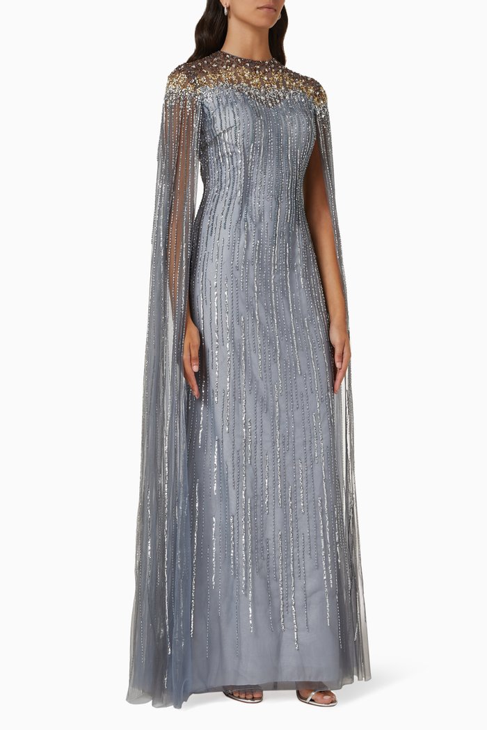 

Sequin Embellished Cape Gown in Tulle Mesh, Silver