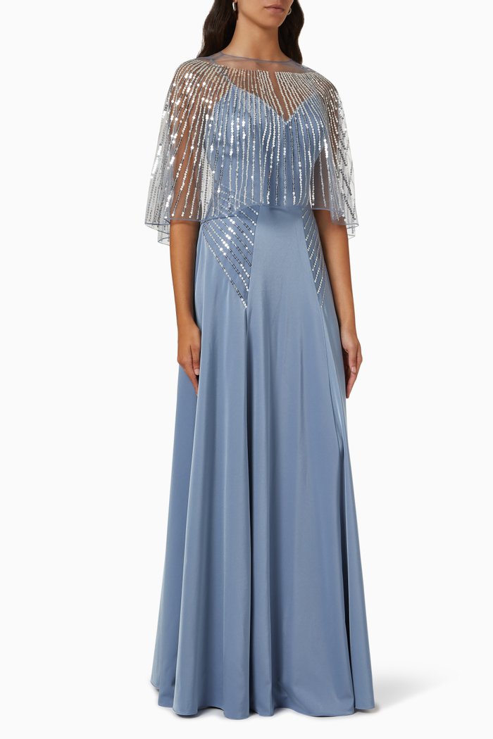 Sequin Embellished Cape Gown in Satin, Blue