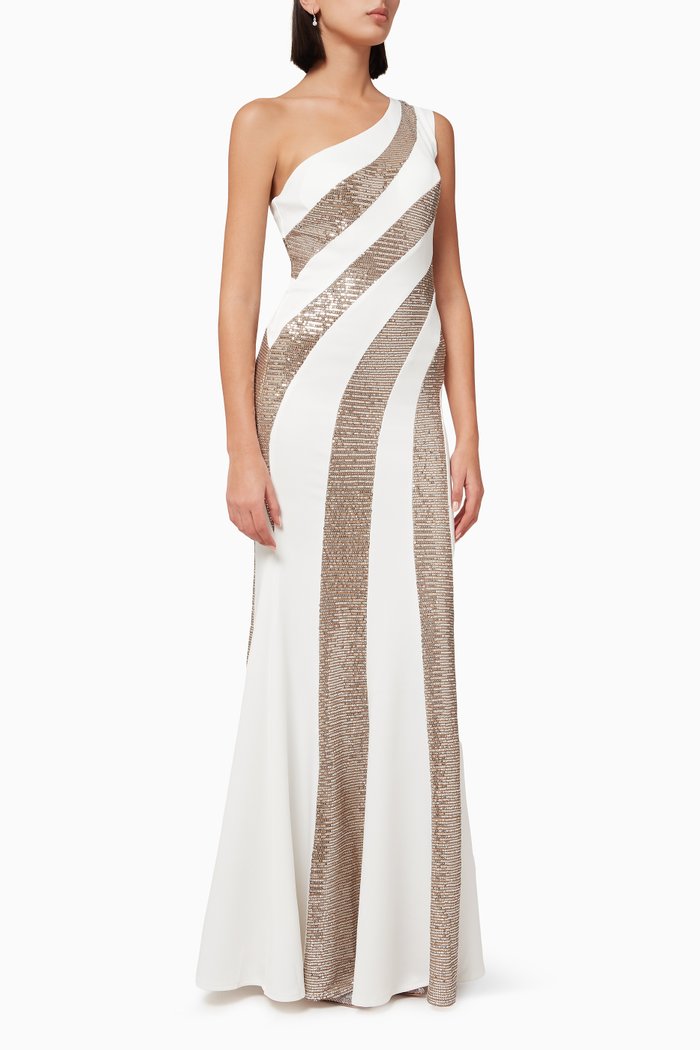 One Shoulder Sequin Gown, White