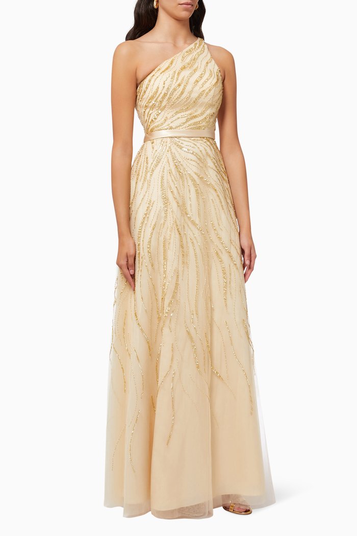 

One Shoulder Embroidered Gown, Gold