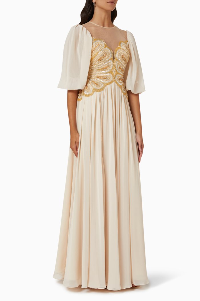 

Sequin Embroidered Gown in Crepe, Gold
