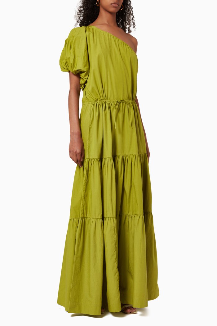 

One Shoulder Puff Sleeve Maxi Dress in Sustainable Cotton, Green