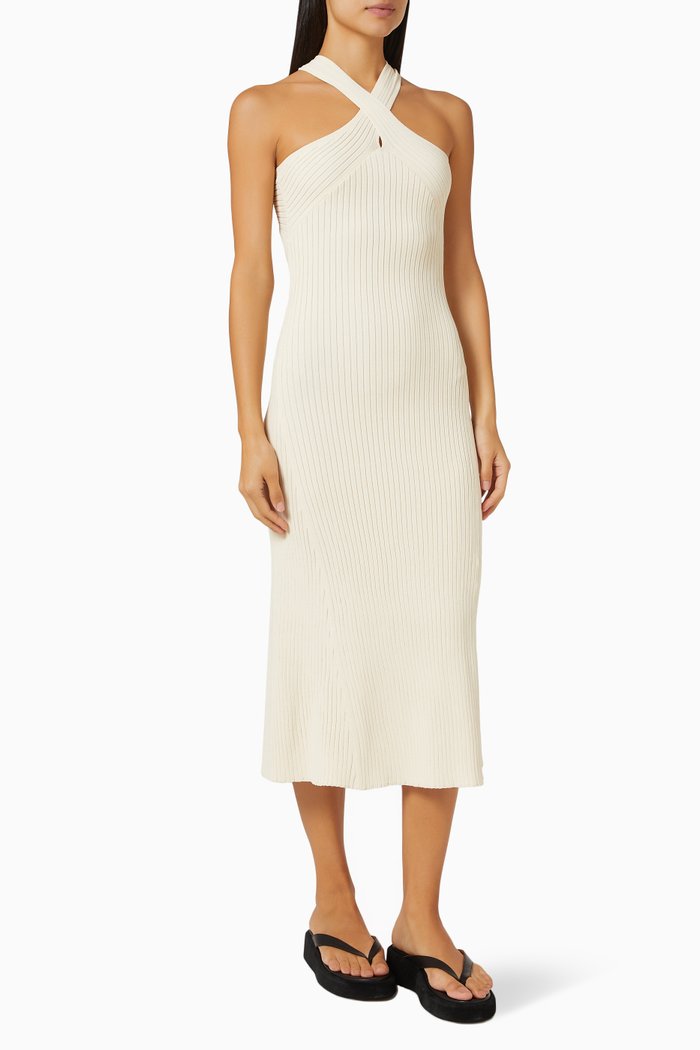 

Cross Halter Midi Dress in Ribbed Viscose Knit, Neutral