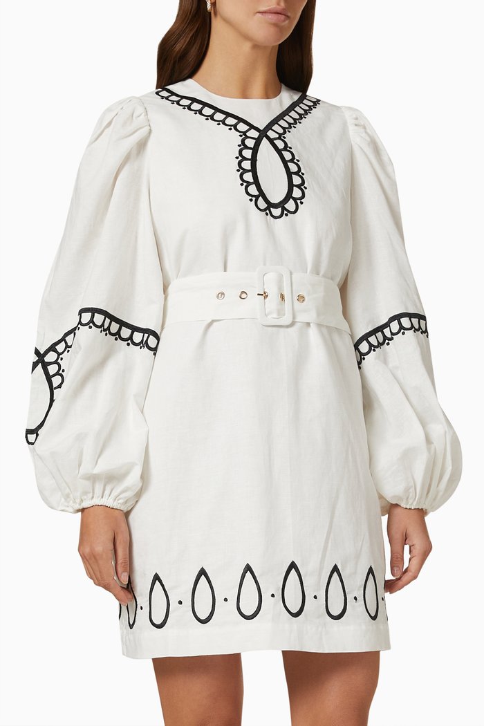 

Vermont Long Sleeve Mini Dress in Linen, White