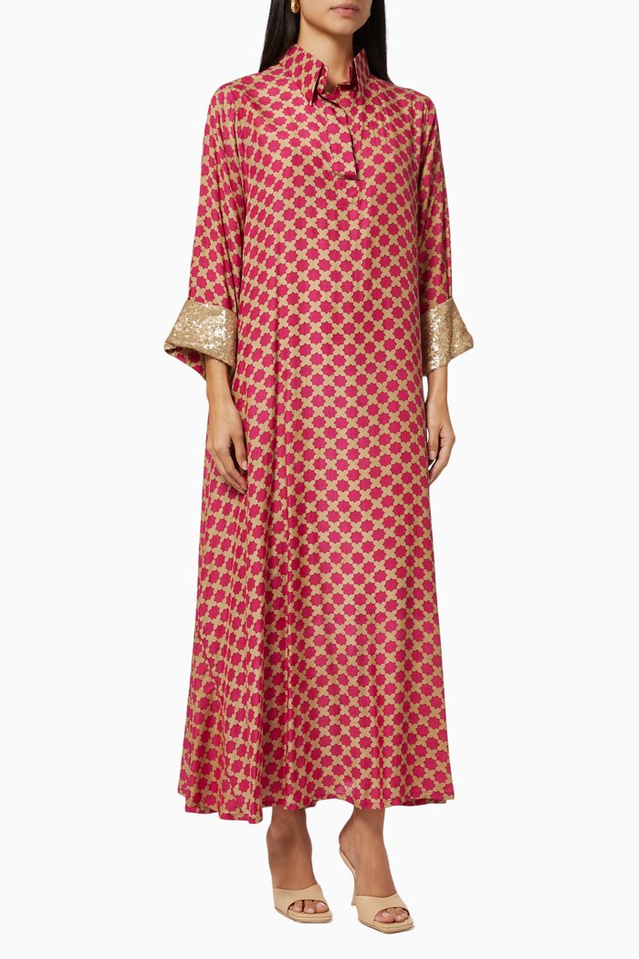 

Embellished Cuff Dress in Silk & Cotton Blend, Pink