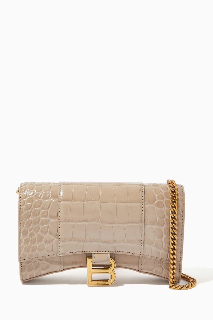 

Hourglass Wallet on Chain in Crocodile Embossed Calfskin, Neutral
