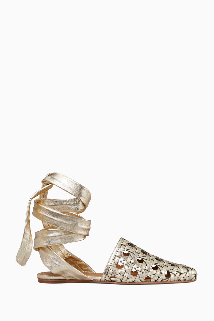 

Basket-weave Wrap Flats in Metallic Leather, Gold