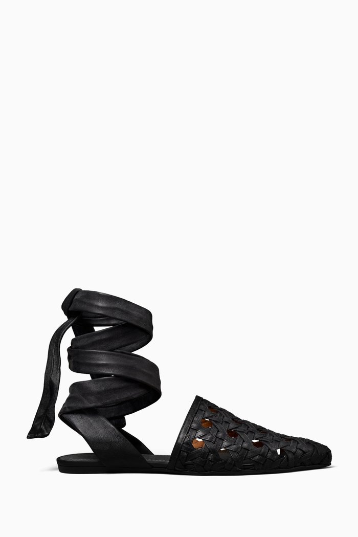 

Basket-weave Wrap Flats in Napa Leather, Black