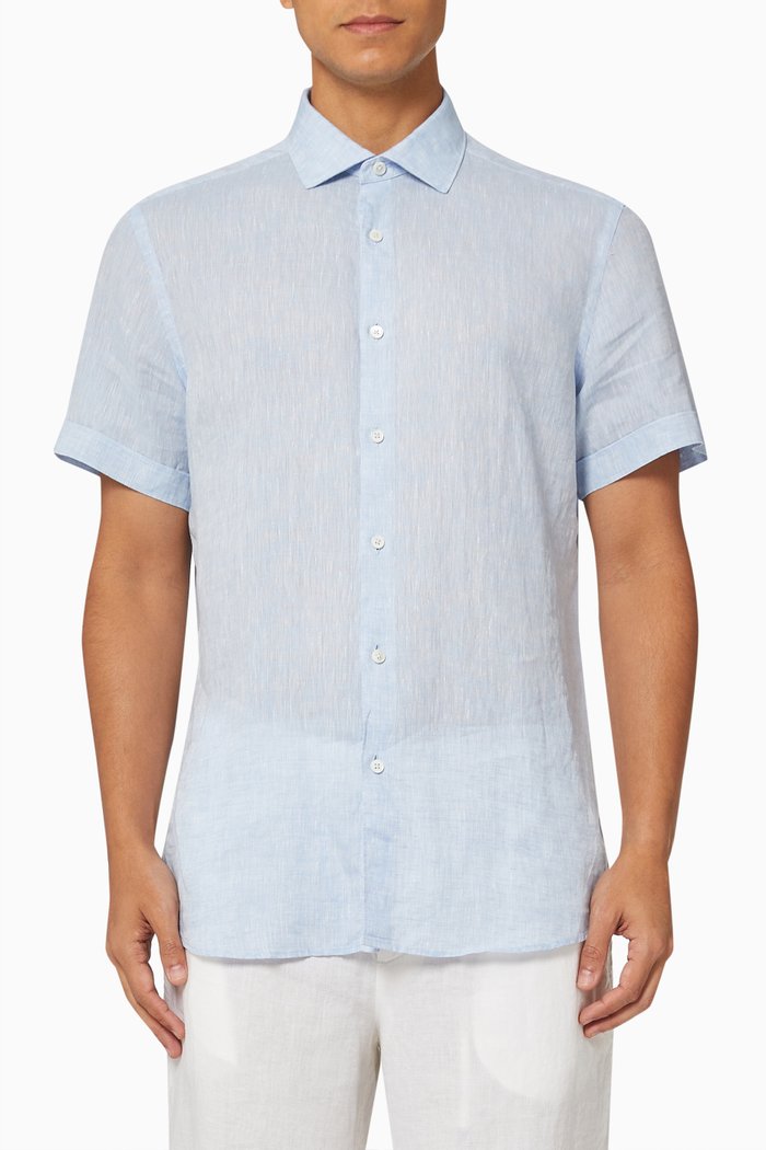 

Short-sleeved Dress Shirt in Pure Linen, Blue