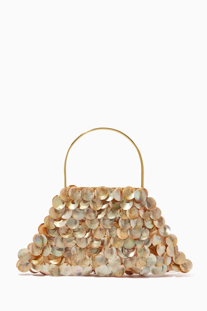La Celeste Top Handle Bag in Circular Shells & Brass, Gold