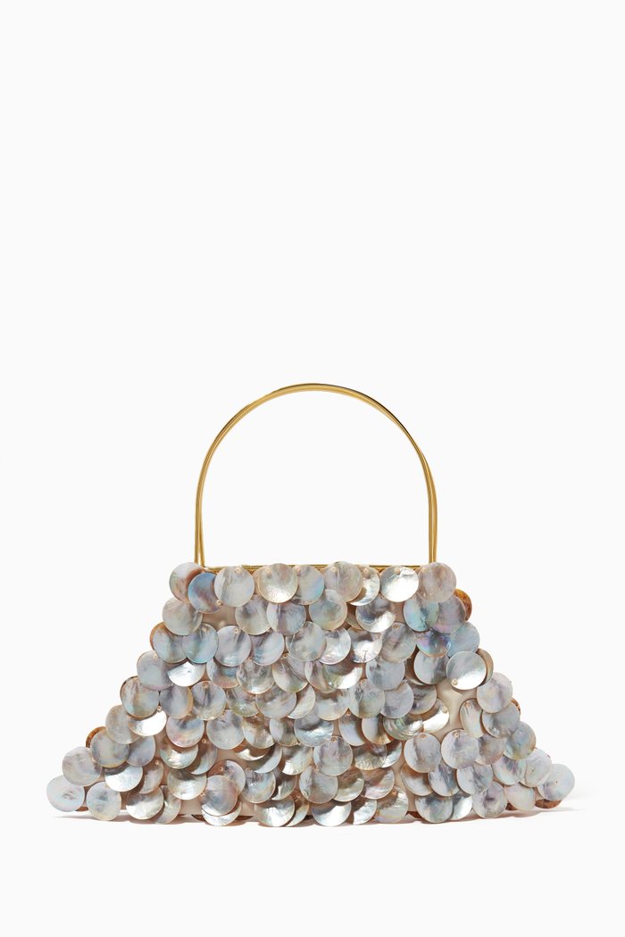 La Celeste Top Handle Bag in Circular Shells & Brass, White