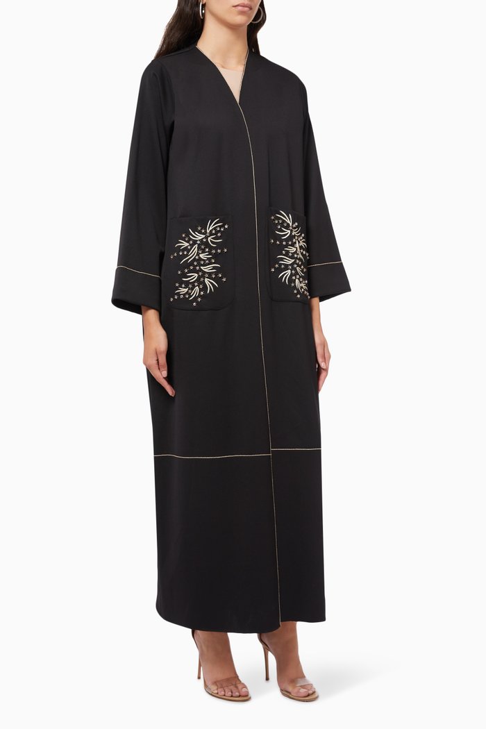 

Embroidered Pocket Abaya in Denim, Multicolour