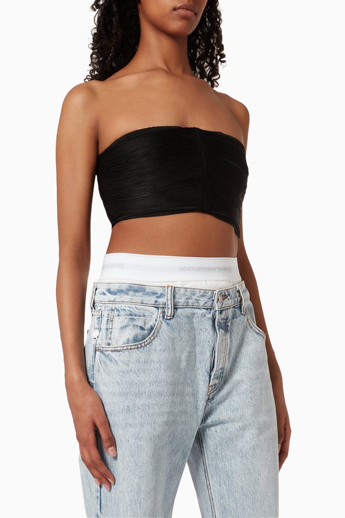Fringe Tube Top in Stretch Nylon, Black