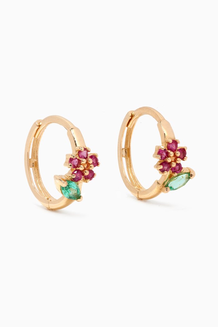 

Ruby Wildflower Huggies in 10kt Yellow Gold