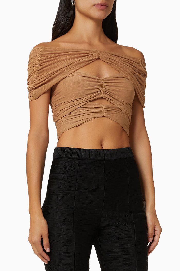 Ruched Cut-out Top in Stretch Mesh, Brown
