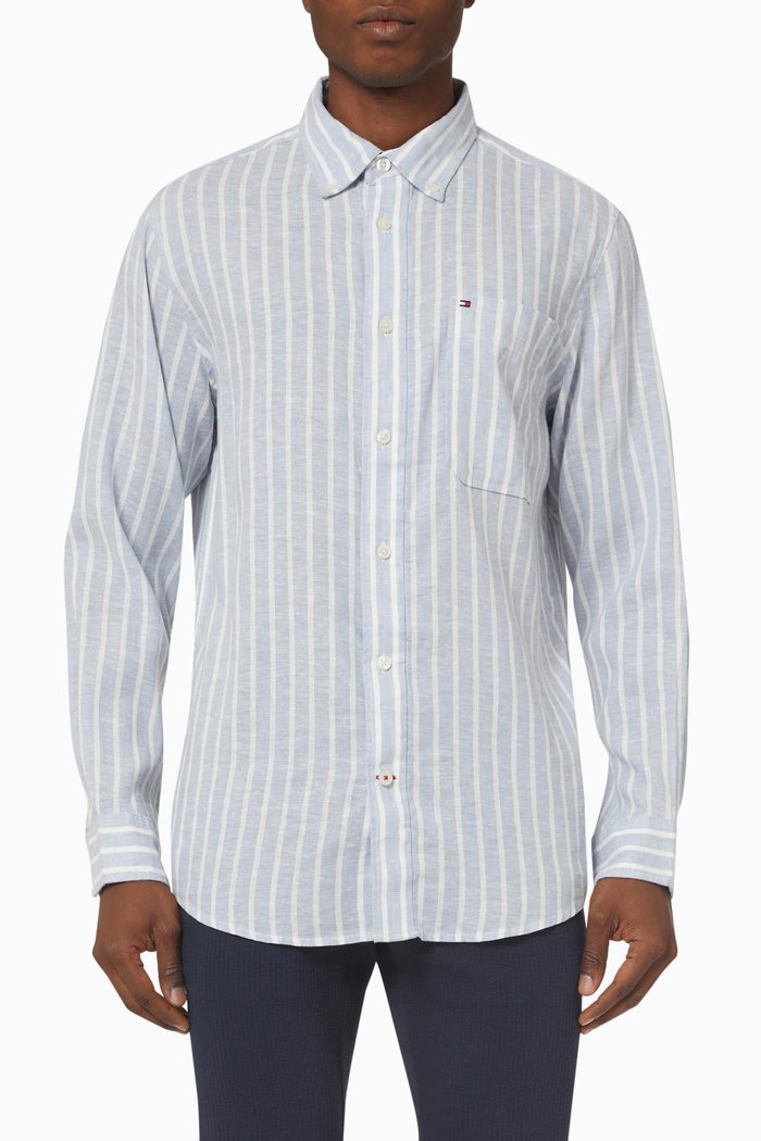 

Casual Stripe Shirt in Linen, Blue