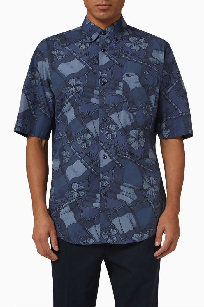 Wavy Flag Print Casual Shirt in Cotton, Blue