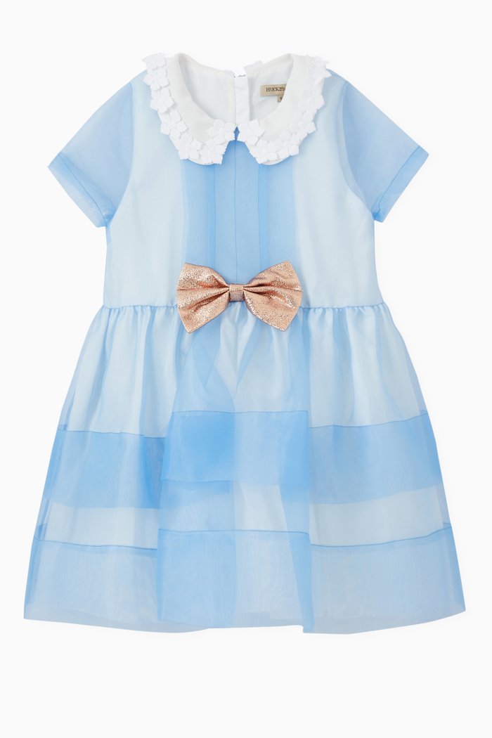 Bow Applique Pleated Bodice Dress, Blue