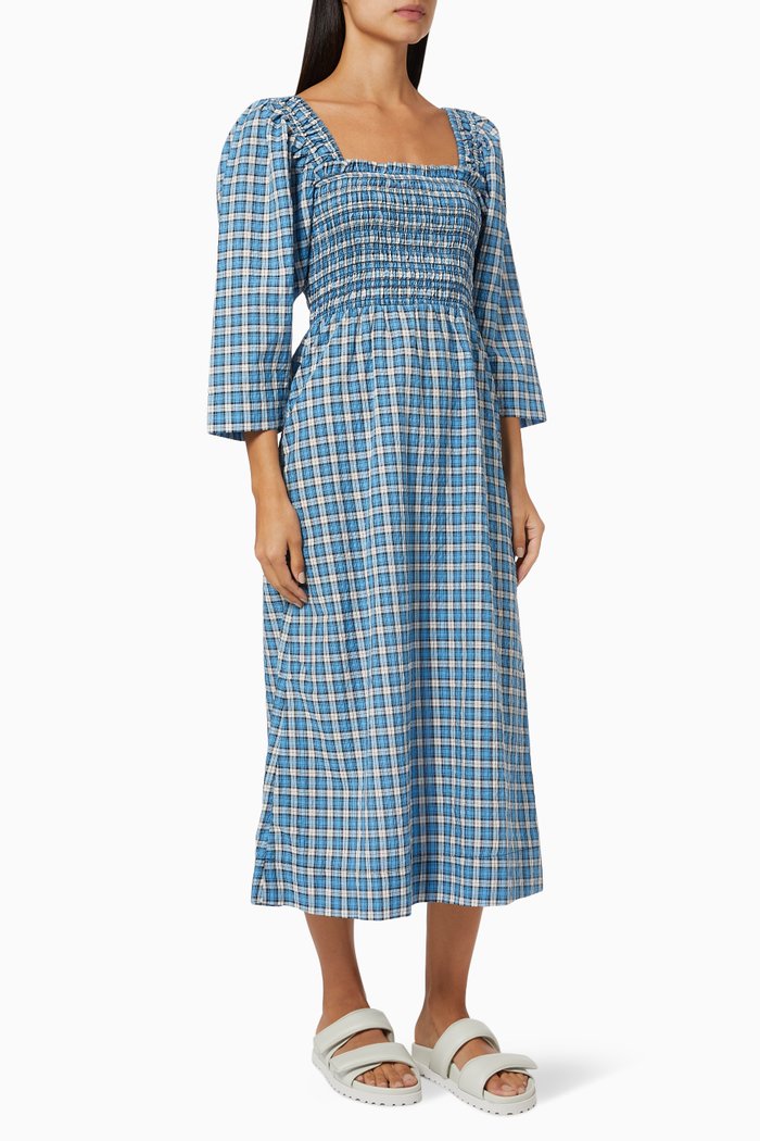

Checkered Seersucker Dress in Organic Cotton, Blue