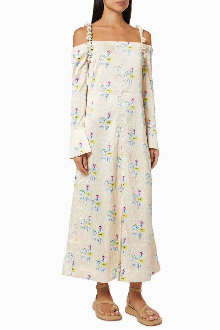 

Off Shoulder Dress in Satin, Neutral