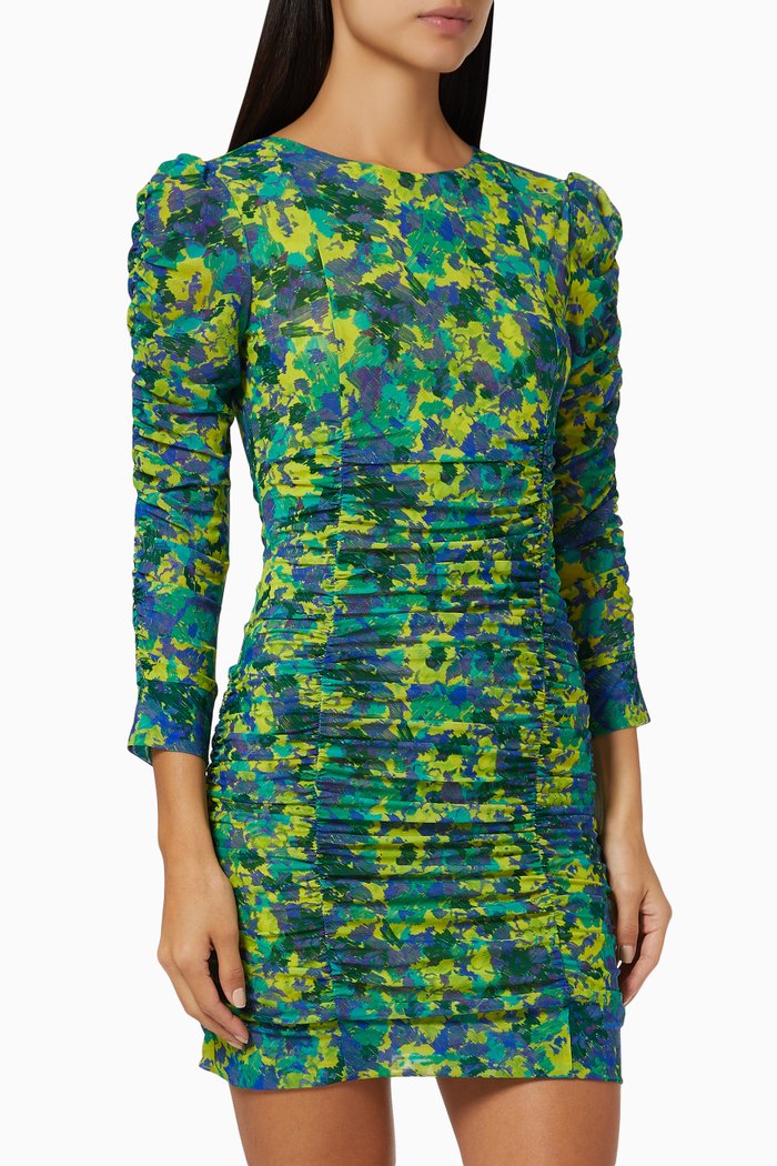 Ruched Mini Dress in Mesh, Green